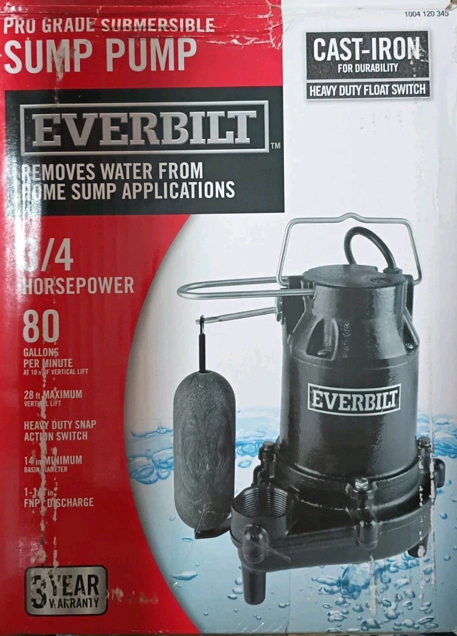 Everbilt 3/4HP Cast-Iron Pro-Grade Submersible Sump Pump 1004 120 345 Open Box gallery
