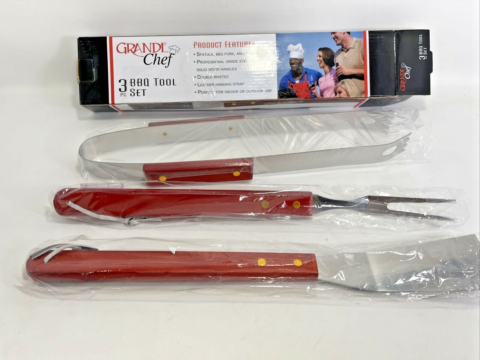 New Grande Chef 3 Pc Stainless BBQ Tool Set Solid Wood Handles gallery