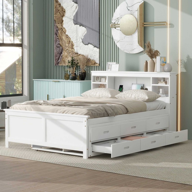 Full Size Platform Bed with Storage Headboard, USB, Twin Size Trundle and 3 Dr gallery