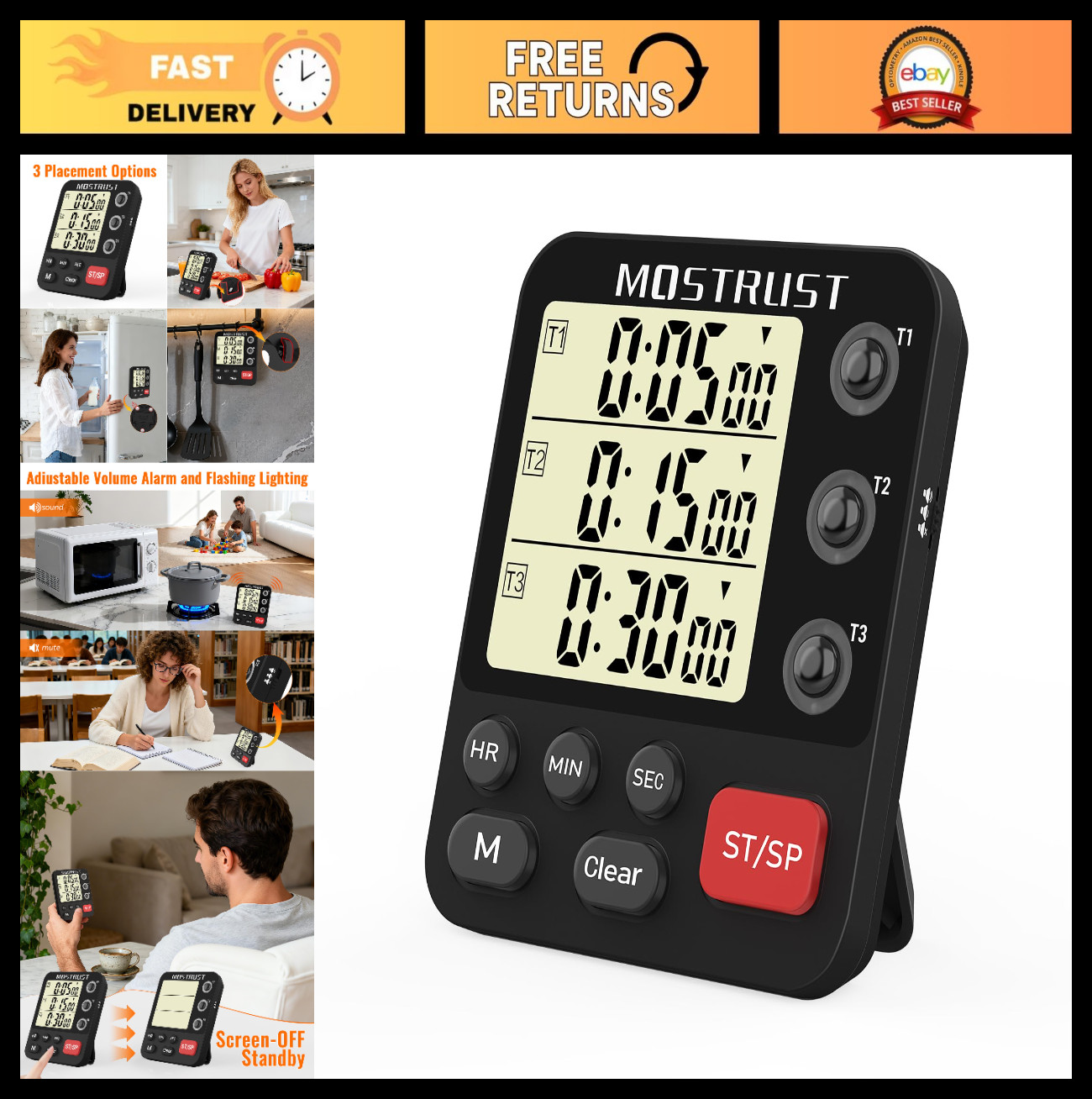 Digital Dual Kitchen Timer - 3 Channel Countdown Timer, Large Display, Adjustabl gallery