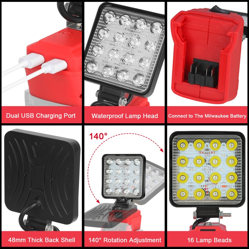 2 Pack 60W LED Work Light Flashlight for Milwaukee 18V M-18 Battery 6000LM gallery
