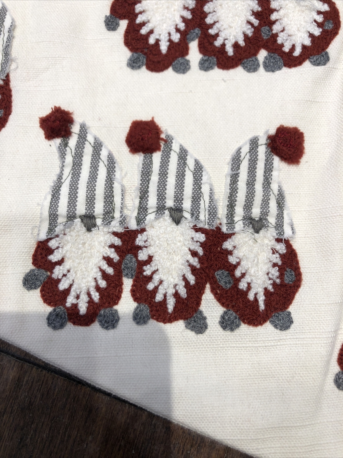 New Pottery Barn Crewel Gnomes Linen Cream & Red Christmas Stocking Mono Lindsay gallery