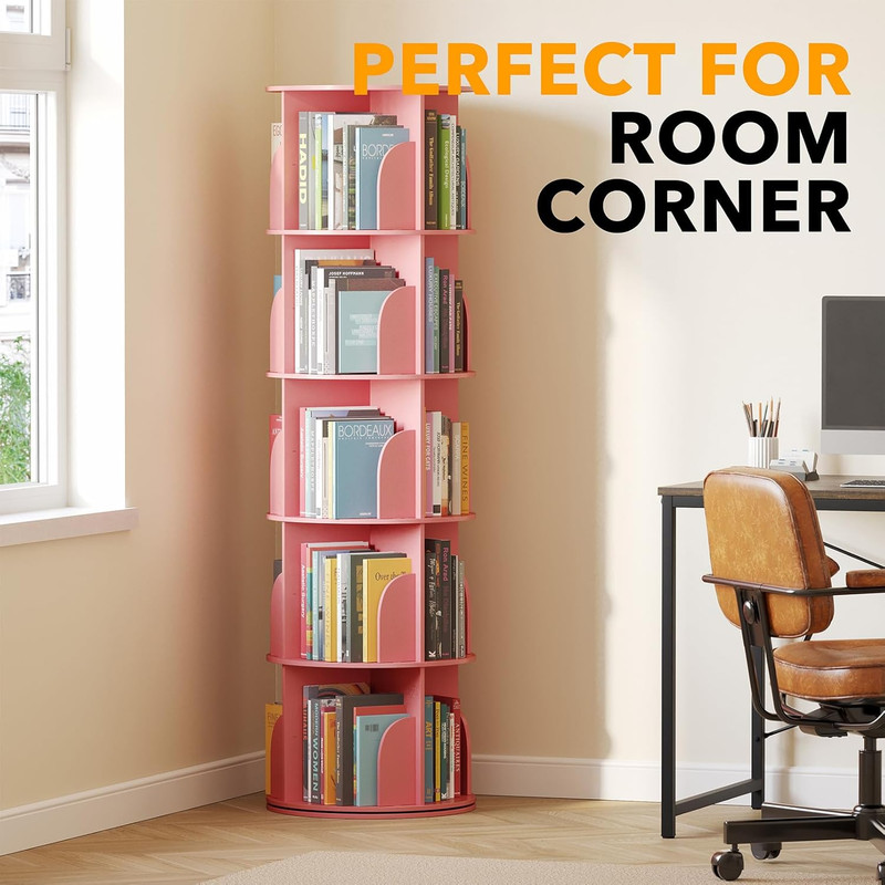 Pink 5-Tier Rotating Bookshelf Tower - 360° Spinning Bookcase Organizer gallery