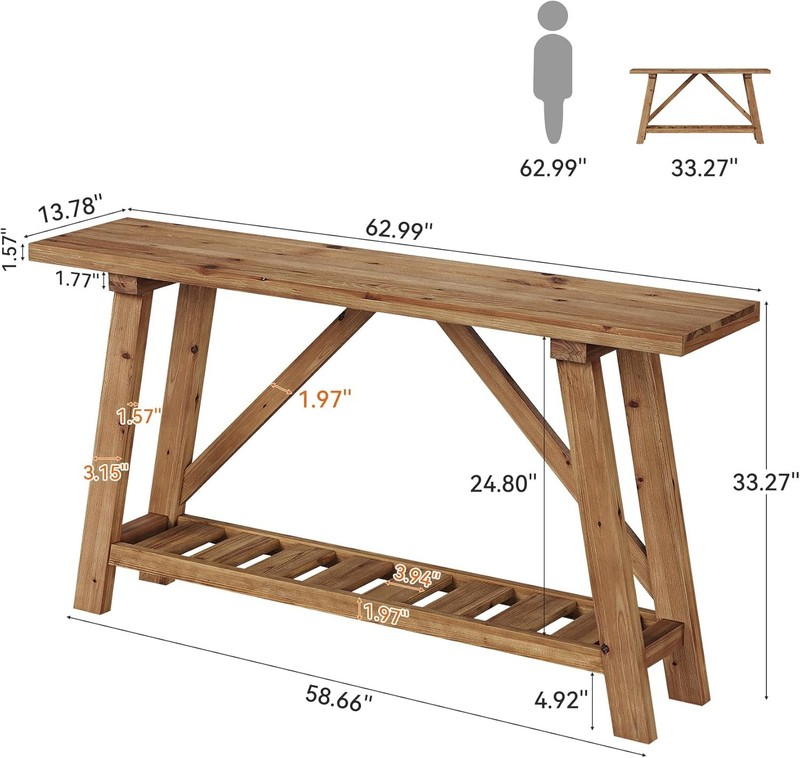 Solid Wood Console Table, 63" Long Narrow Entryway Sofa Table with Storage Shelf gallery