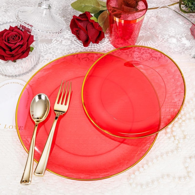 180-Pcs Red Plastic Dinnerware Set with Gold Accents - Hand Wash Only gallery