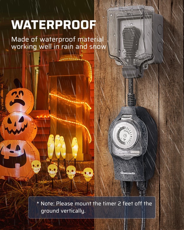Mechanical Timer Switch for Outdoor Lights, Plug in, 15A Heavy Duty, 2 Outlets gallery