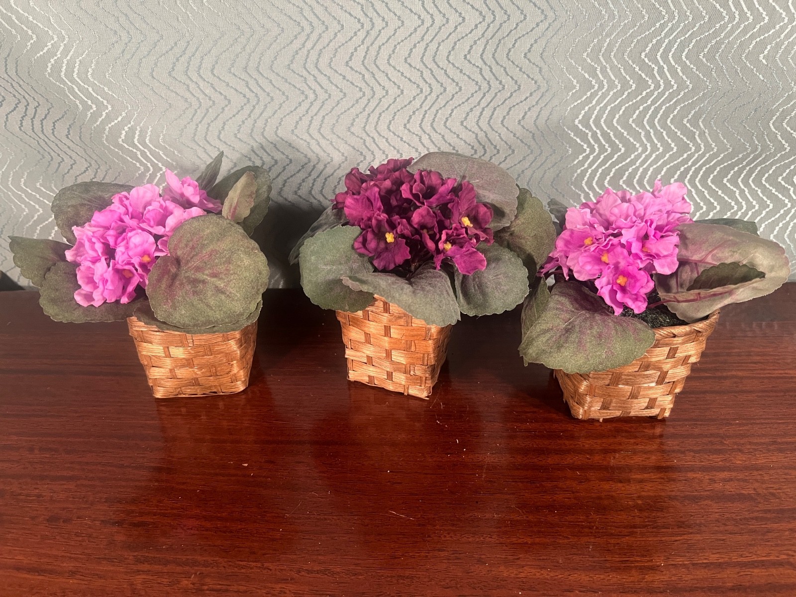 ARTIFICIAL SILK AFRICAN VIOLET - Pink & Purple with woven pot - (SET of 3) 6 in gallery