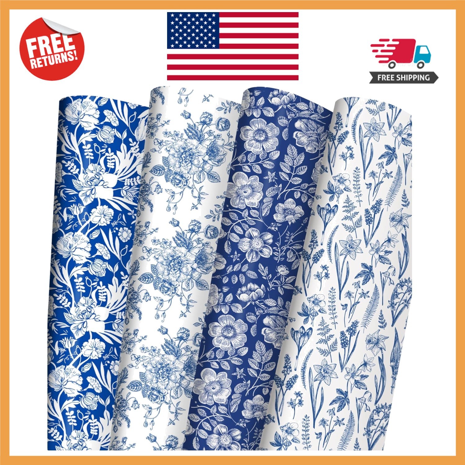 Sophisticated Blue Floral Gift Wrapping Paper for all Age Groups - 20x29 Inch gallery
