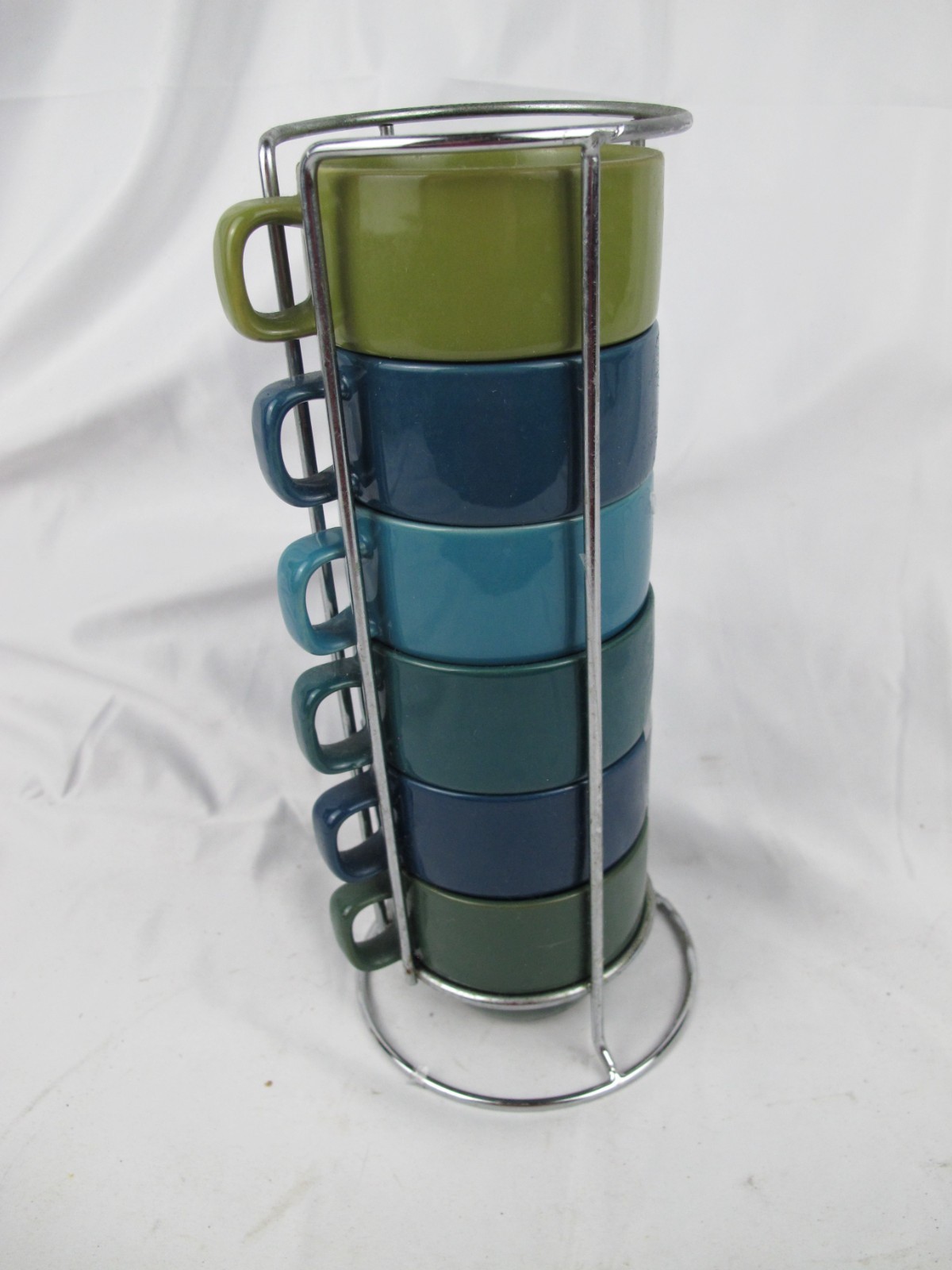 (6) World Market Stacking Mugs Cups Multi-Colored w/ Chrome Stand gallery