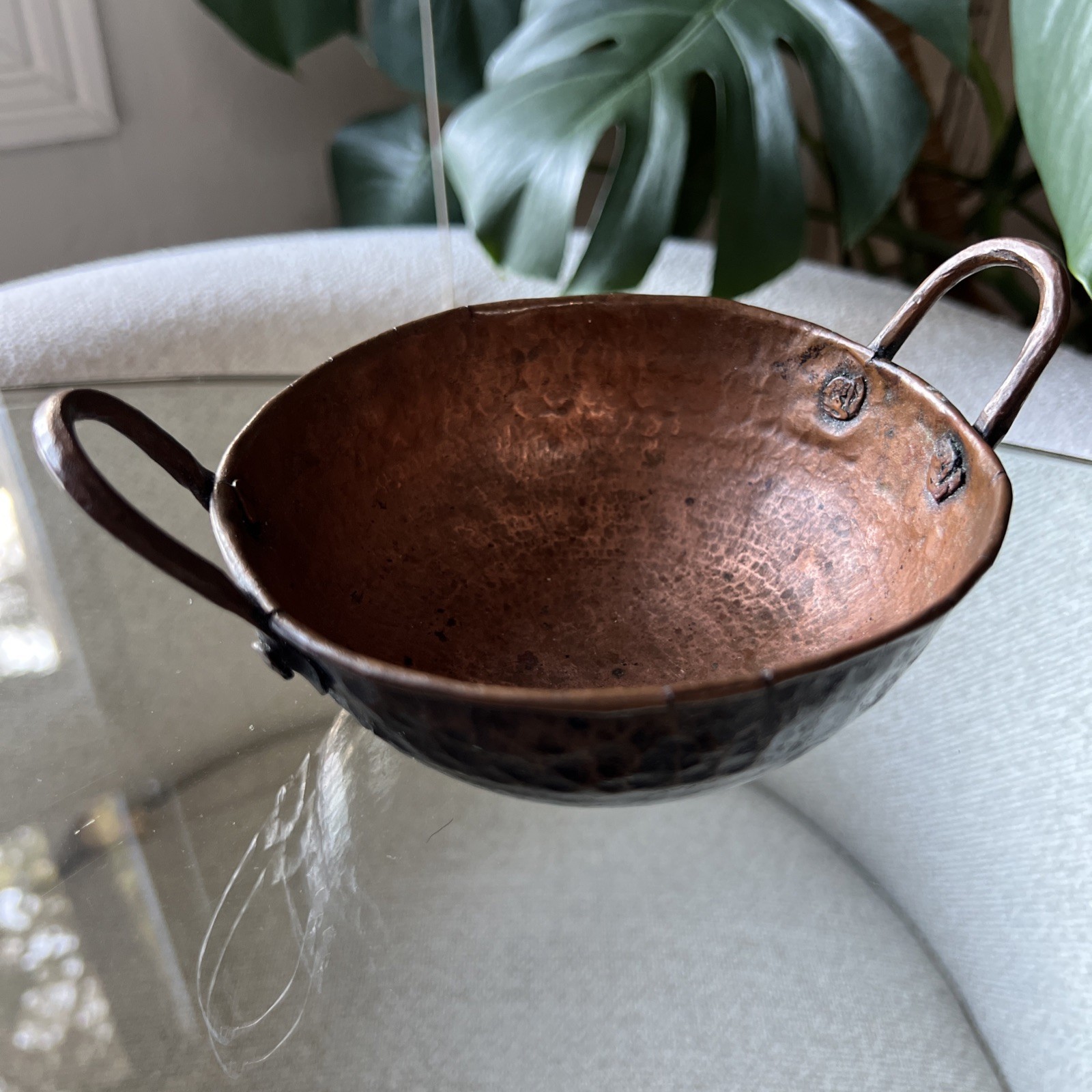 Hand-Hammered Mexican Copper Bowl w/ Handles, Vintage Patina, 4.75” gallery