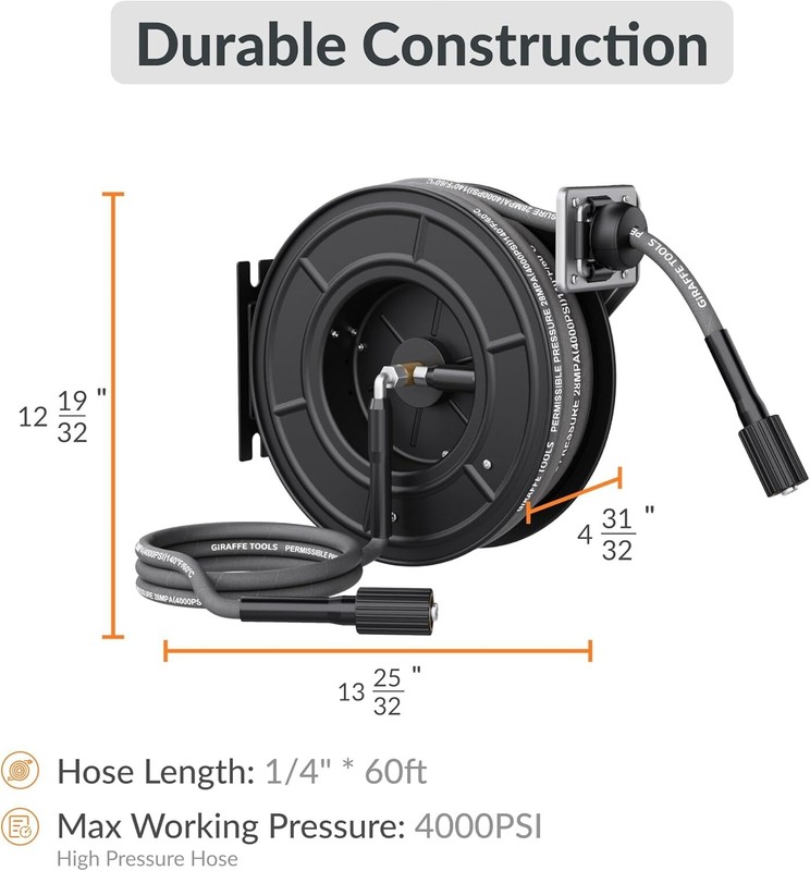 Giraffe Tools Retractable Power Pressure Washer Hose Reel 1/4" x 60 ft, 4000PSI gallery