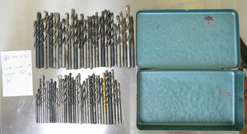 69pcs drill bit lot (random sizes in 1/4" to 1/8" range) (vintage, USA)