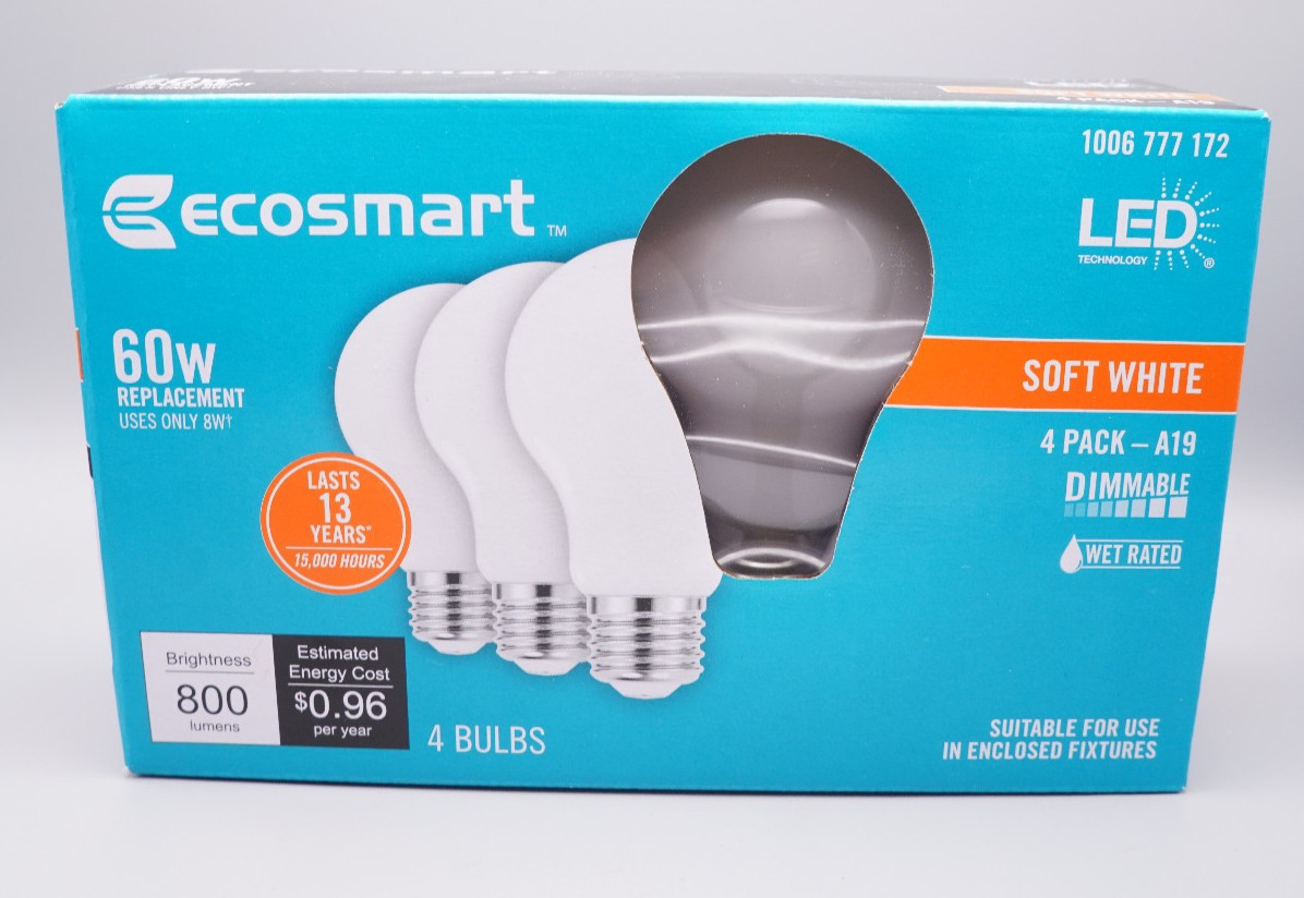 EcoSmart Light Bulbs 60W Soft White Dimmable, A19, 800 Lumens, 2700K, Box of 4 gallery