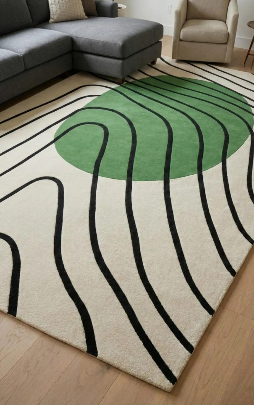 Modern Abstract Green Circle Rug Minimalist Wavy Line Area Rug, Contemporary 5x8 gallery
