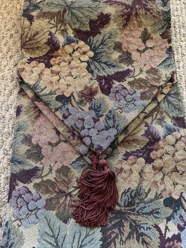 Fall Tapestry Table Runner Grapes & Leaves Burgundy Tassels 78” x 12 3/4” Estate gallery