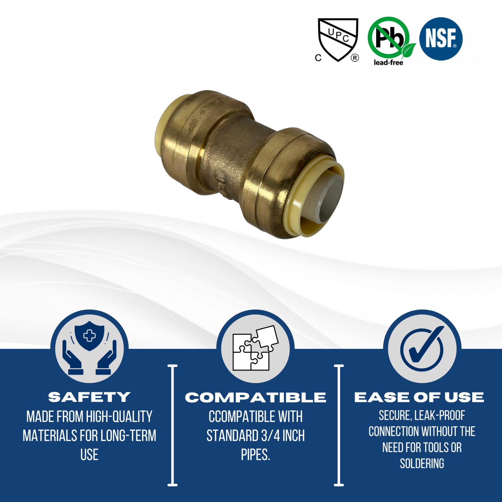 1 Piece 3/4" X 3/4" Push Fit Coupling, Lead Free Brass, gallery