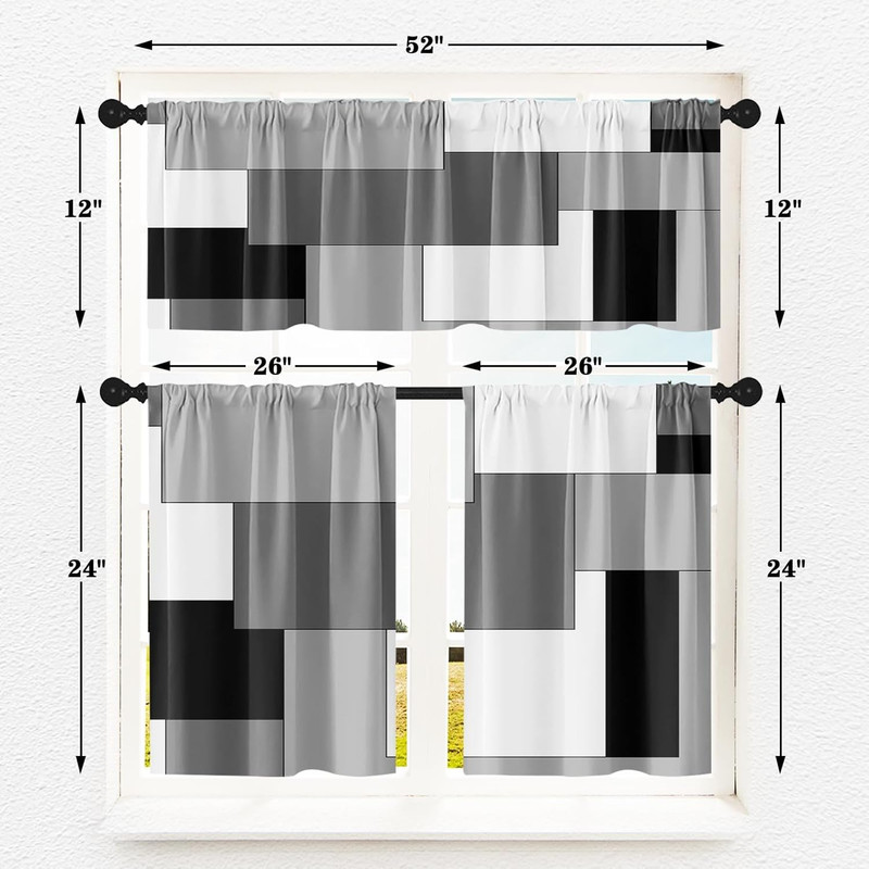 Black Grey Kitchen Window Curtains Valance and Tier Set, Dark Grey White Modern gallery