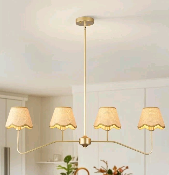 39" Gold 4 Light Linear Kitchen Island Fixture Chandelier w/ Rattan Shades gallery