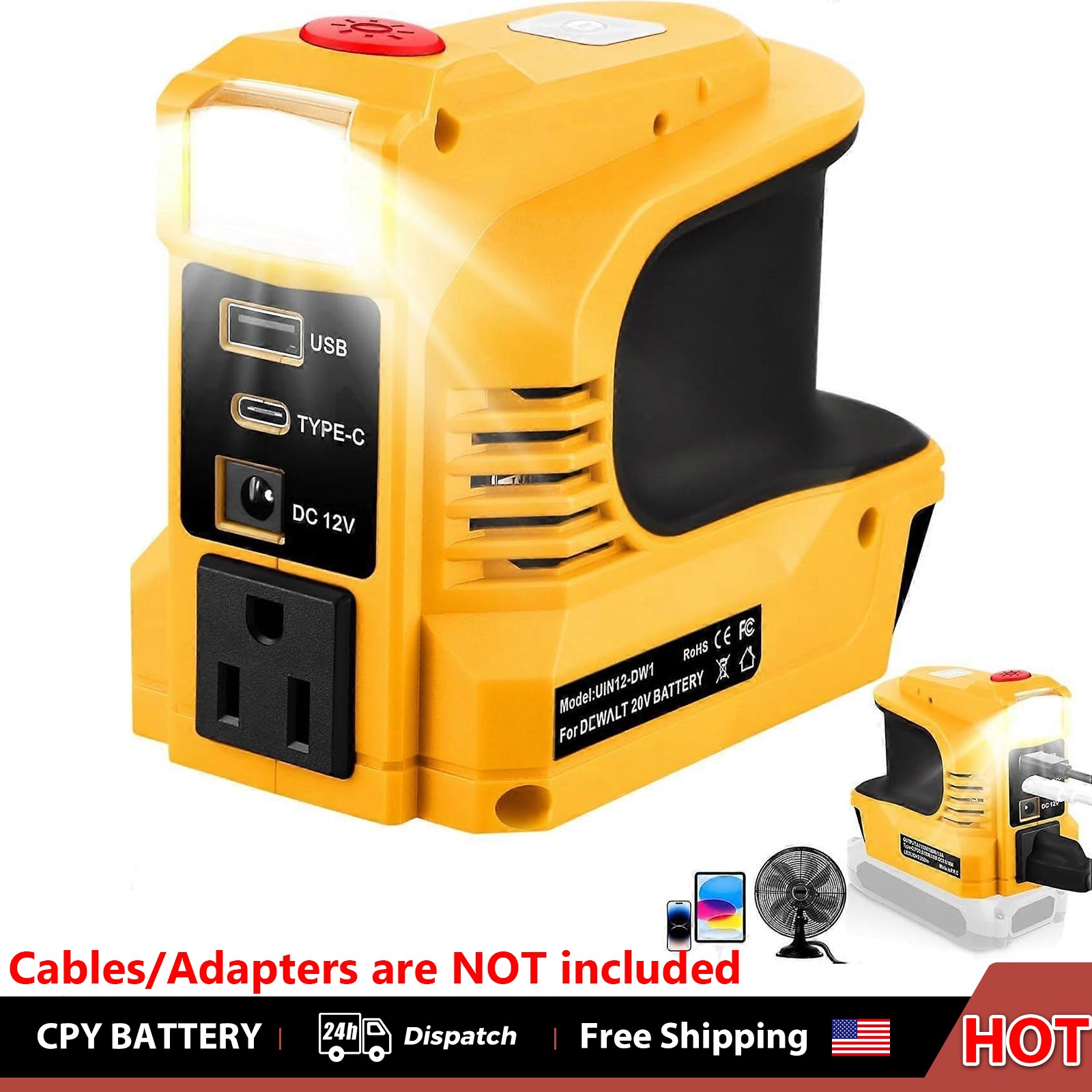 1/2x 220W Power Inverter Compatible with Dewalt 20V Battery with 200lm LED Light gallery