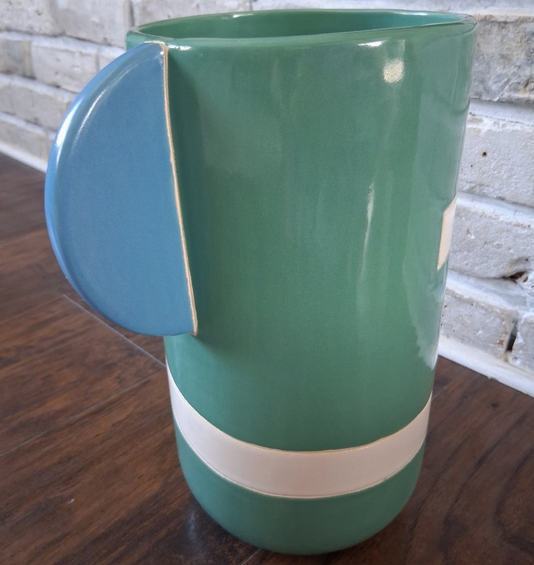Large Postmodern Studio Pottery Vase Teal Blue White Memphis Style 12" Signed JJ gallery