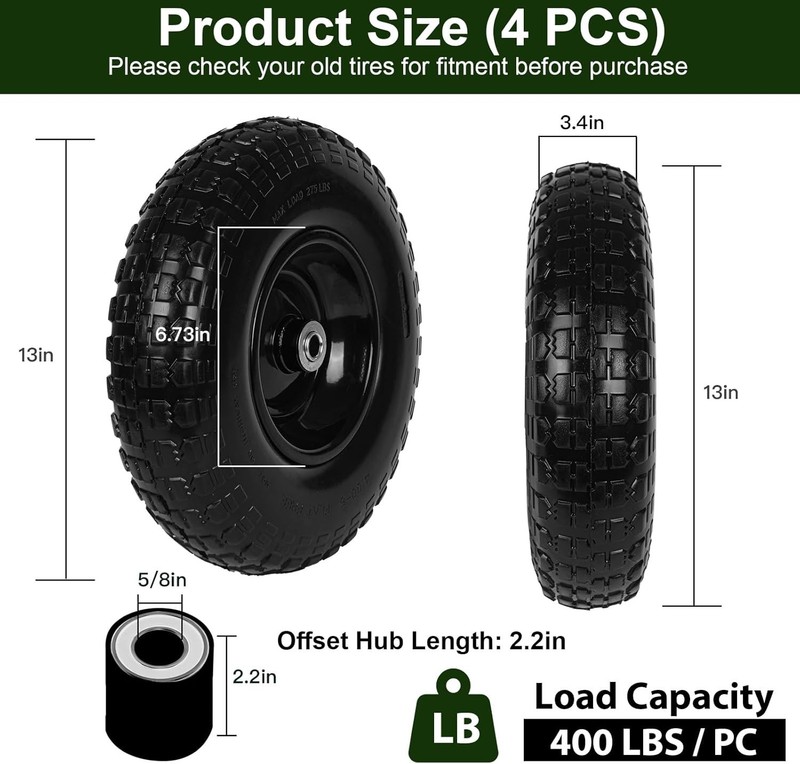 4 PCS 13 Inch Rubber Solid Flat Free Replacement Tires and Wheels 4.00-6 with... gallery