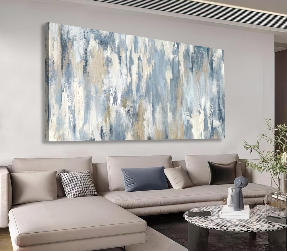 Large Abstract Wall Art - Gray Blue Beige Canvas Pictures for Living Room Con...