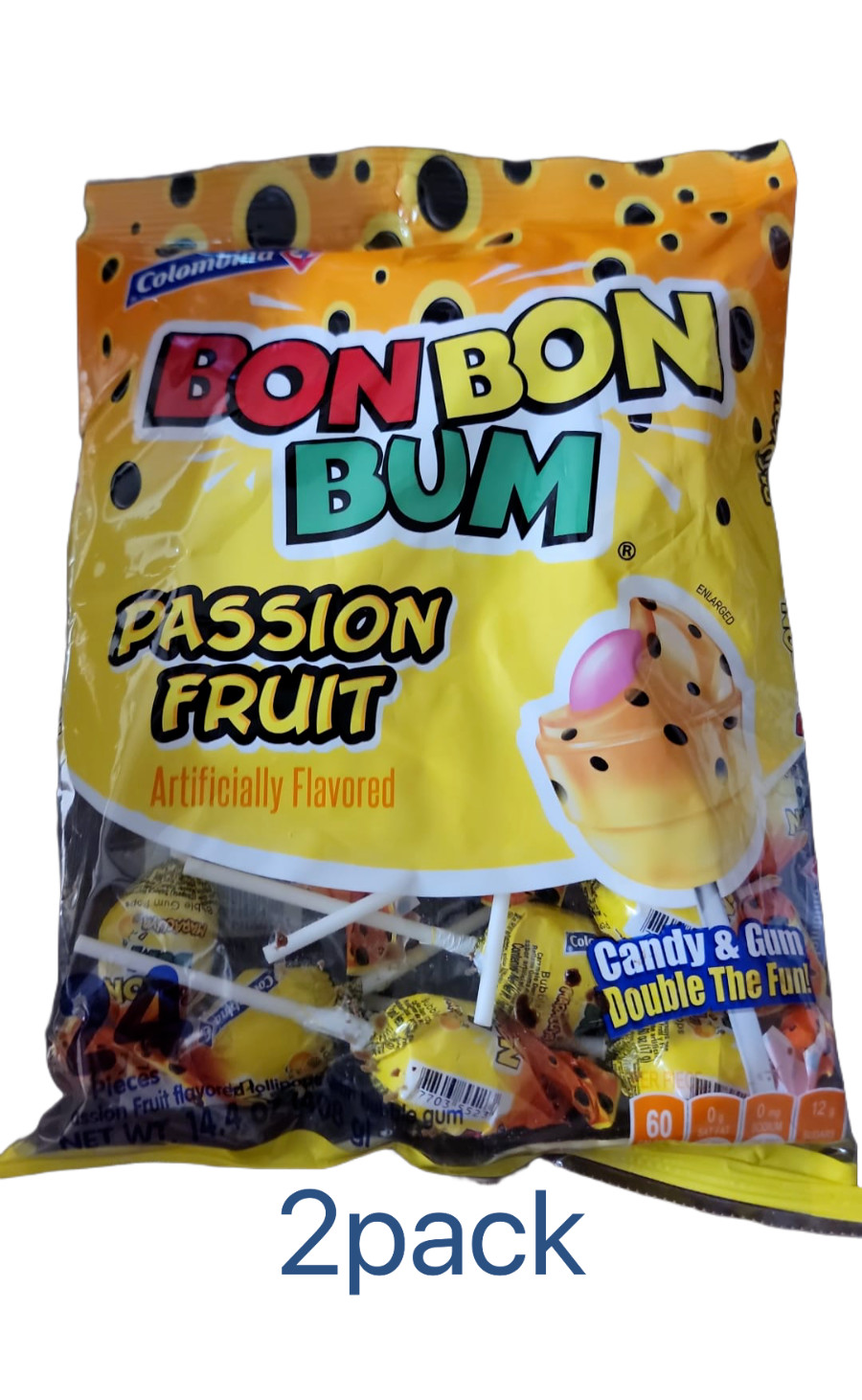 Colombina Bon Bon Bum Passion fruit or Mango Bubble Gum Lollipops, 2 Pack of 24 gallery
