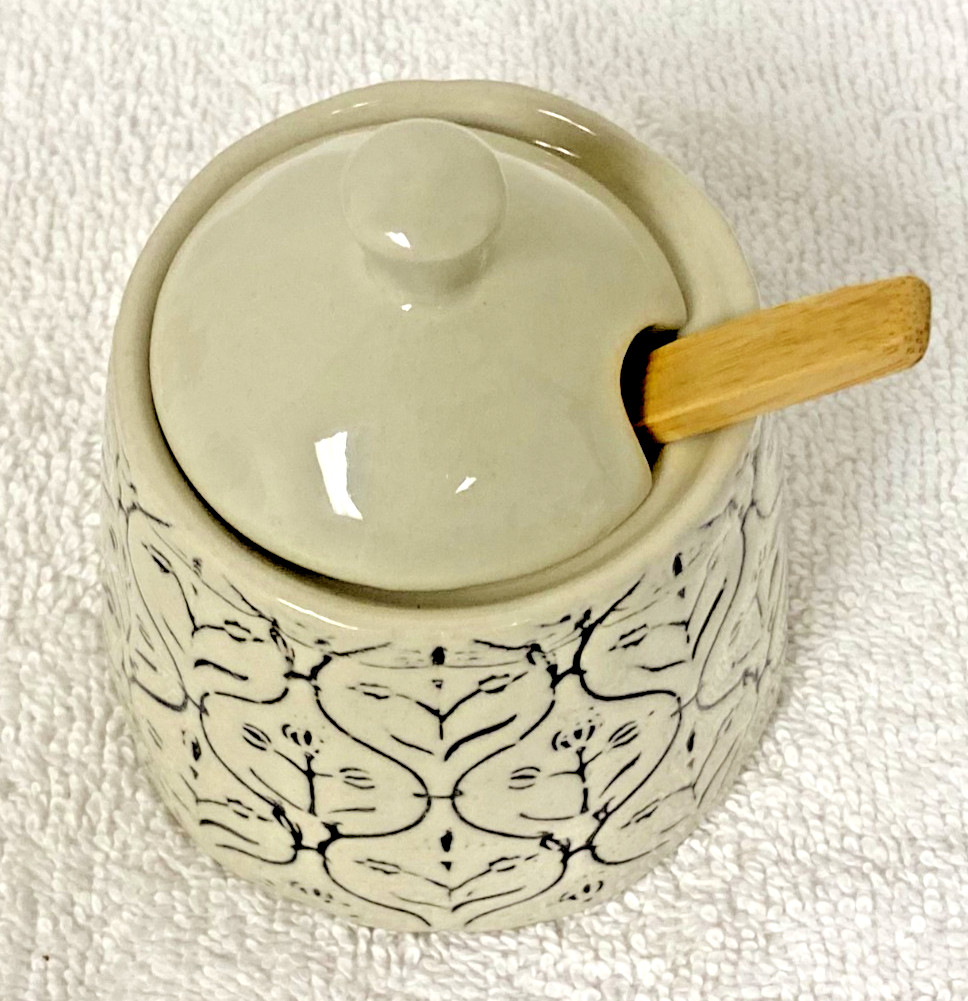 Creative Co Op Hand Painted Geometric Pattern Stoneware Sugar Jar Pot Lid Spoon gallery