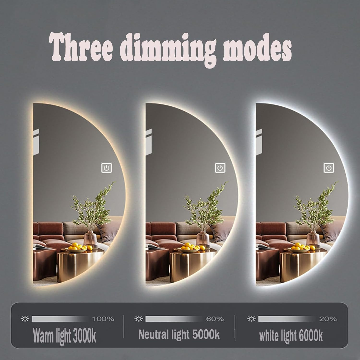 Dimmable Half Moon Bathroom Mirror with Anti-Fog & Touch Switch, 24x47in gallery