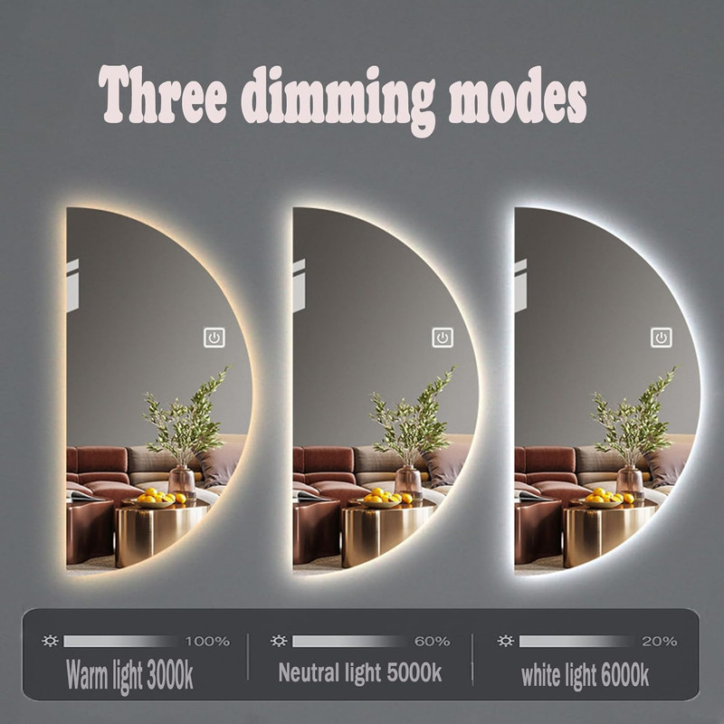 Dimmable Half Moon Bathroom Mirror with Anti-Fog & Touch Switch, 24x47in gallery