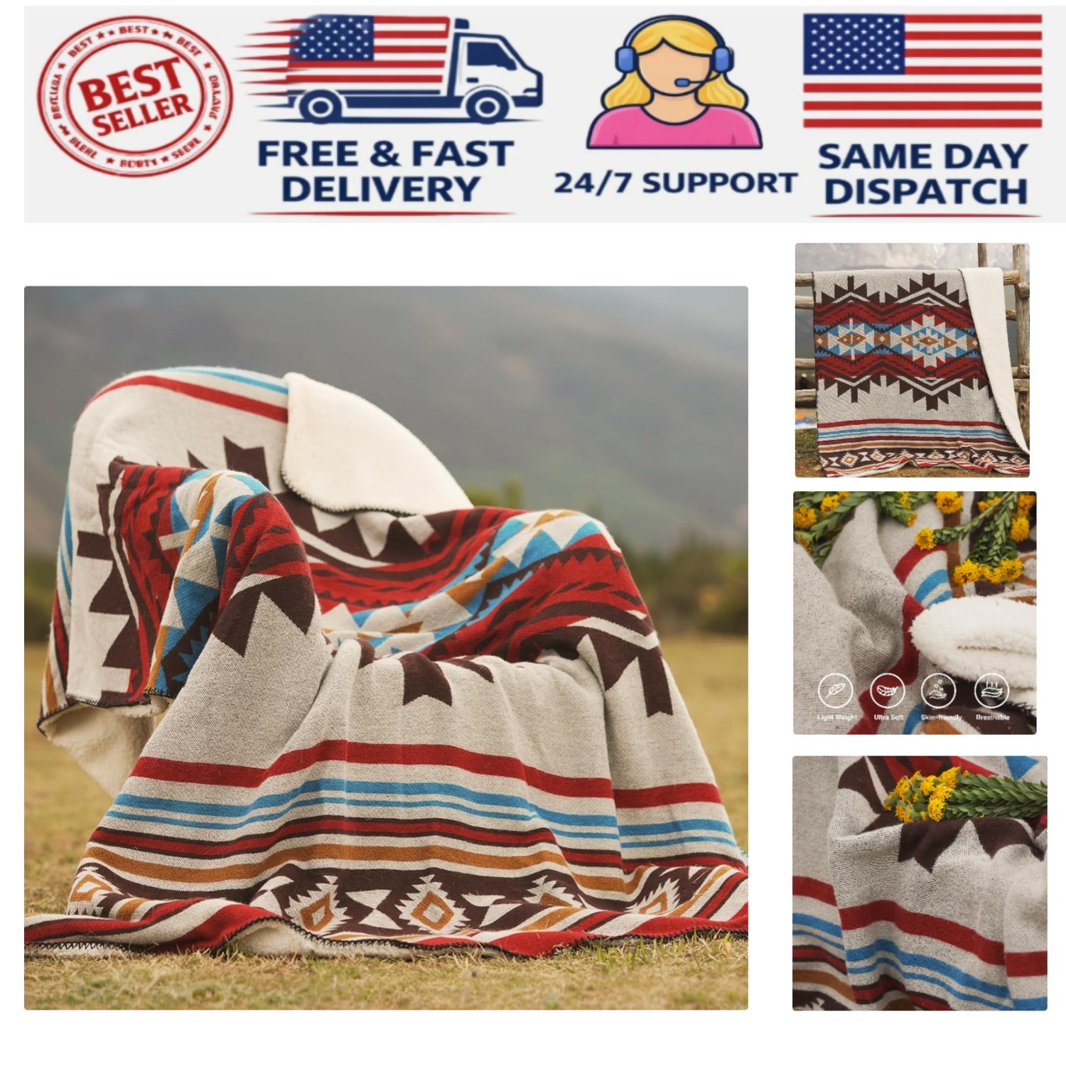 Aztec Throw Blanket with Soft Sherpa Lining, Traditional Southwestern Navajo ... gallery