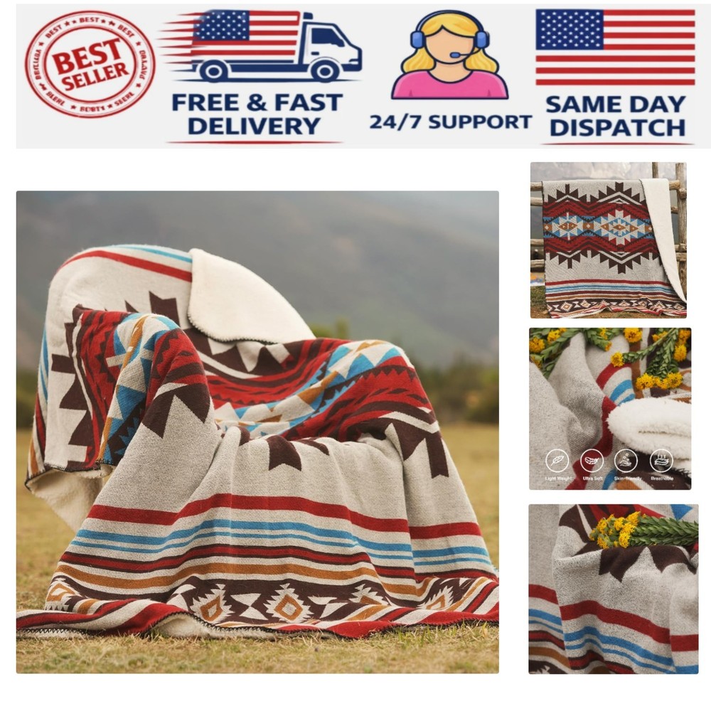 Aztec Throw Blanket with Soft Sherpa Lining, Traditional Southwestern Navajo ...