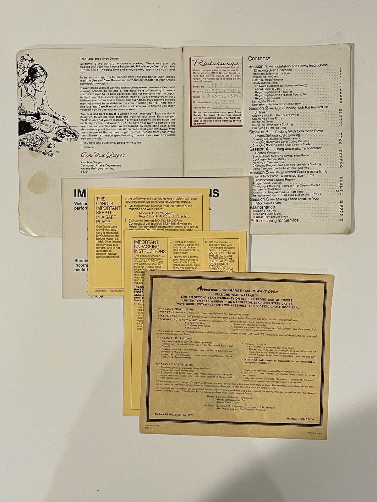 Amana Radarange MicroWave Oven Manual Model RR-1110 Mastercook Use and Care 1983 gallery