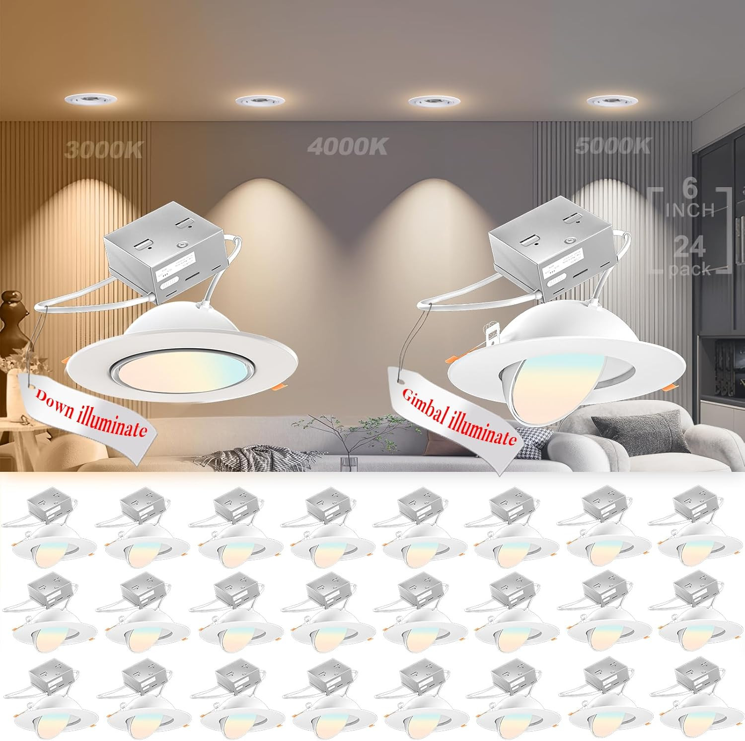 24 Pack 6" LED Gimbal Lights, 3CCT Dimmable, 1300LM, ETL/FCC Certified gallery