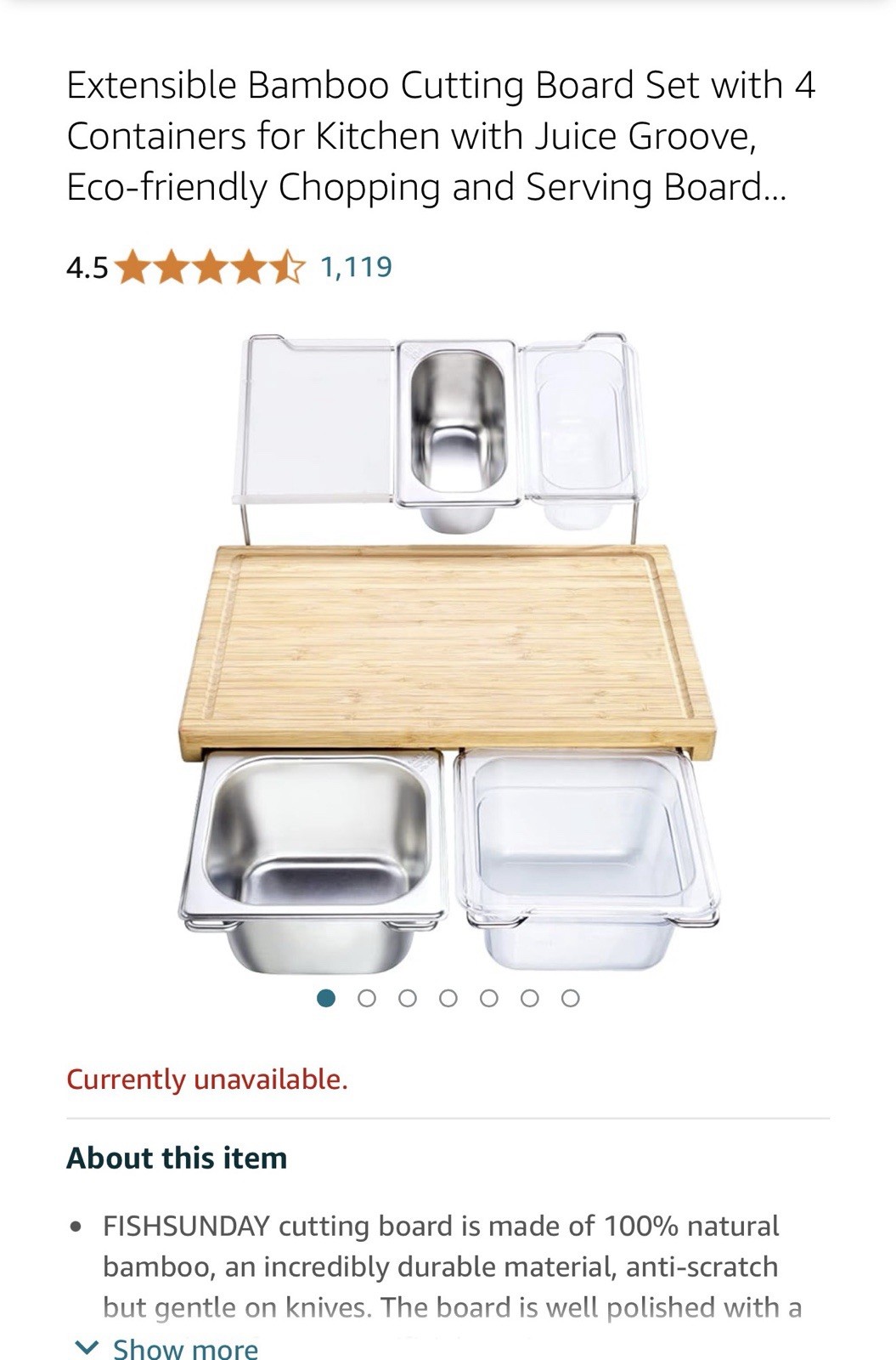 Extensible Bamboo Cutting Board with 4 Containers Juice Grooves M 15.7” x 10.2” gallery