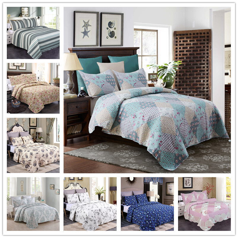 3-Piece Reversible Floral Printed Patchwork Bedspread Quilt Set Bed Coverlet gallery