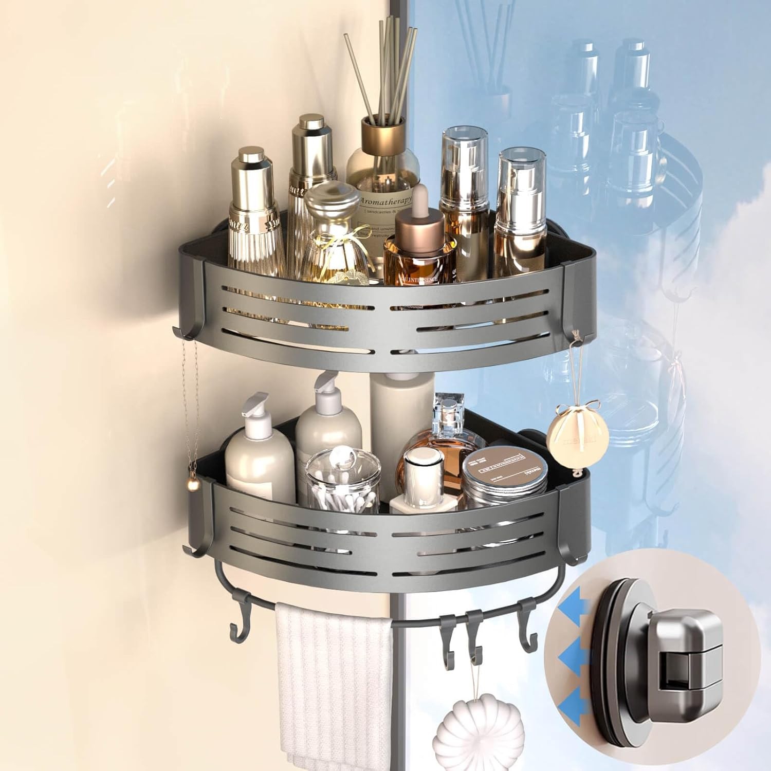 Aluminum Corner Shower Caddy Suction Cup, 2-Tier Shower Shelves with 8 Hooks gallery