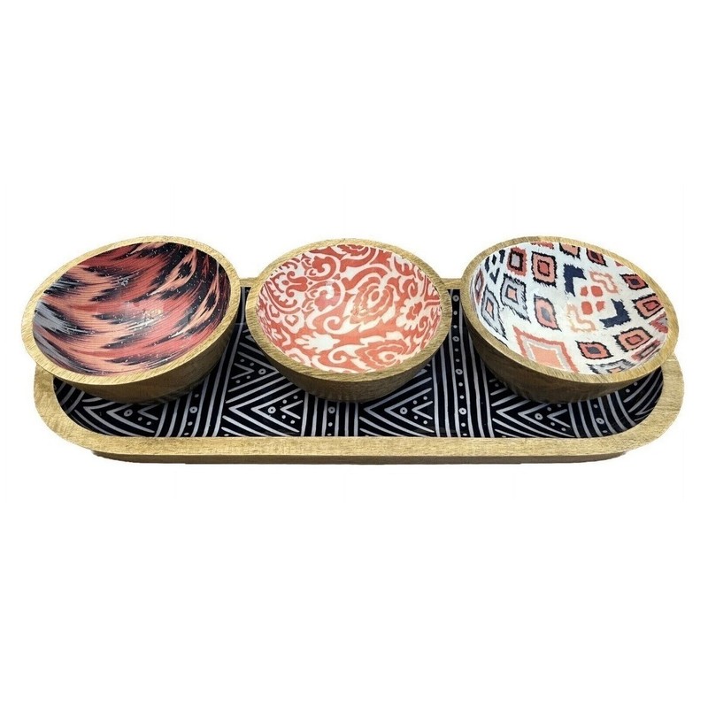 MESA Mango Wood Serving Set 4 Piece Ikat Geometric Patterns Tray & 3 Bowls NEW gallery