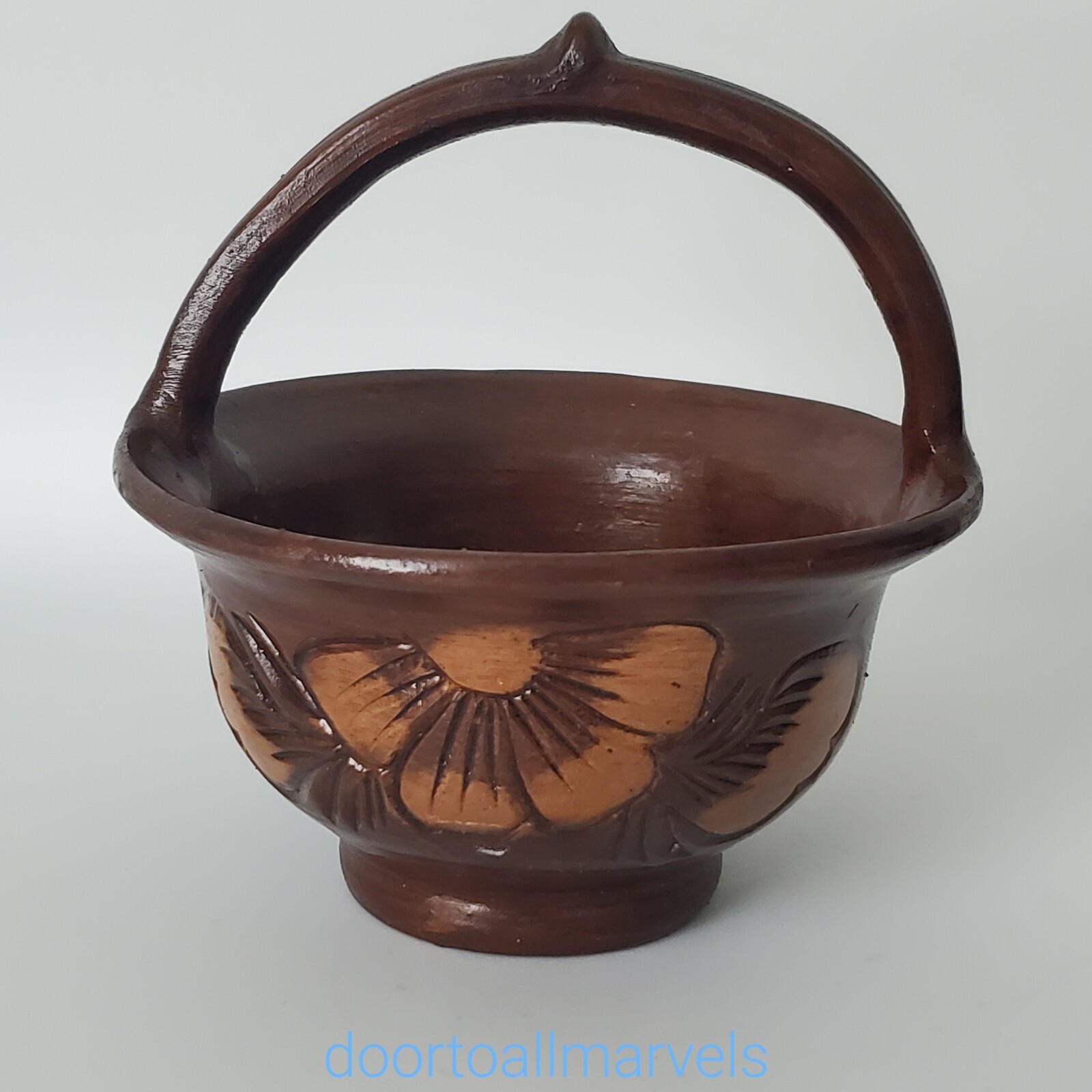 VTG KOROND Pottery Transylvania Decorative MiniBasket Planter HandCarved Signed gallery