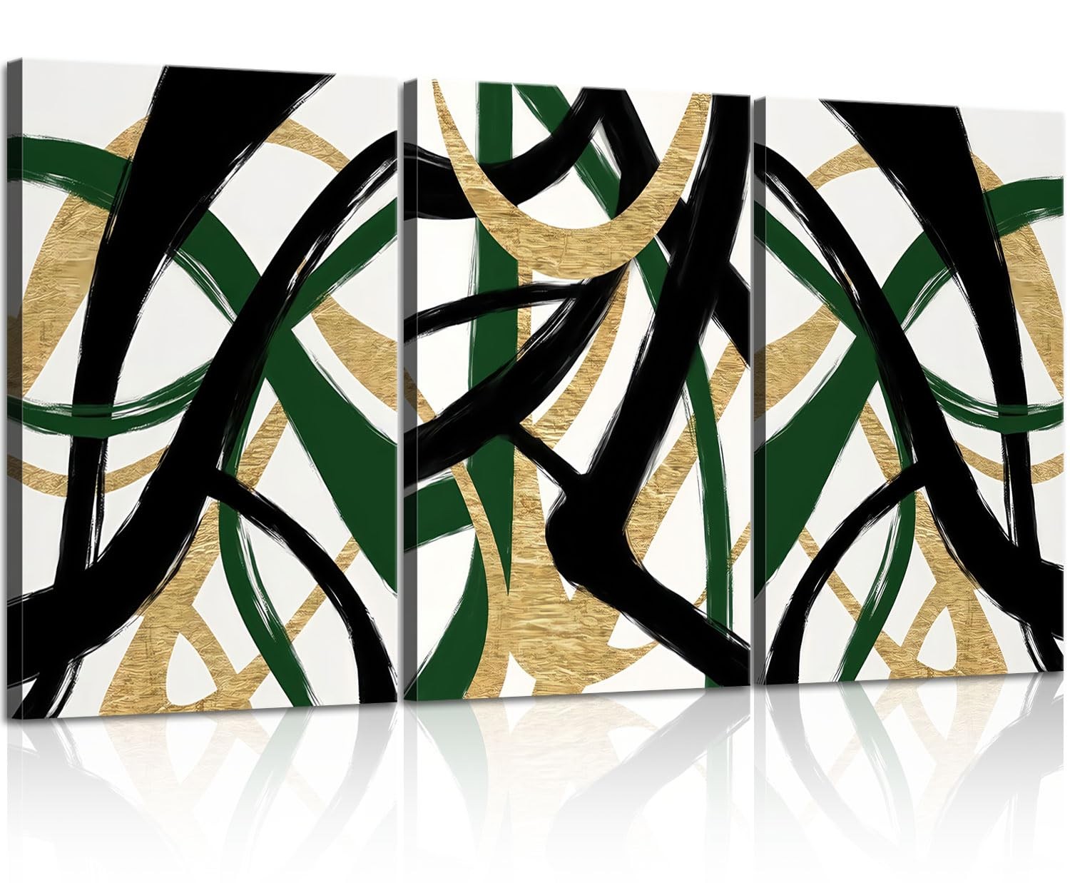 3Pcs Framed work Abstract Lines Canvas Wall Art Modern Black, Green, Gold Geo... gallery