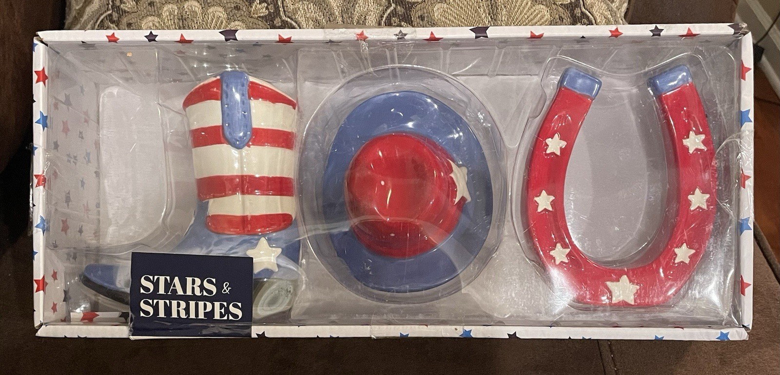 Stars &Stripes 3-pack Patriotic Western Ceramic Decor Cowboy Boot,Hat, Horseshoe gallery