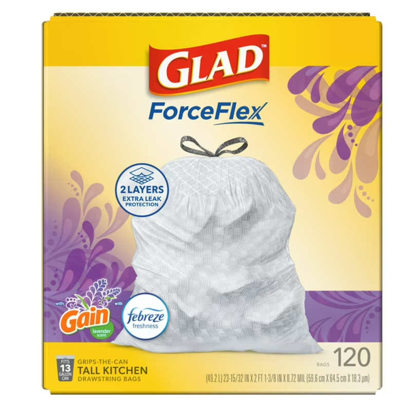 Glad ForceFlex 13 Gallon Tall Kitchen Trash Bags Gain Lavender 120 Ct gallery