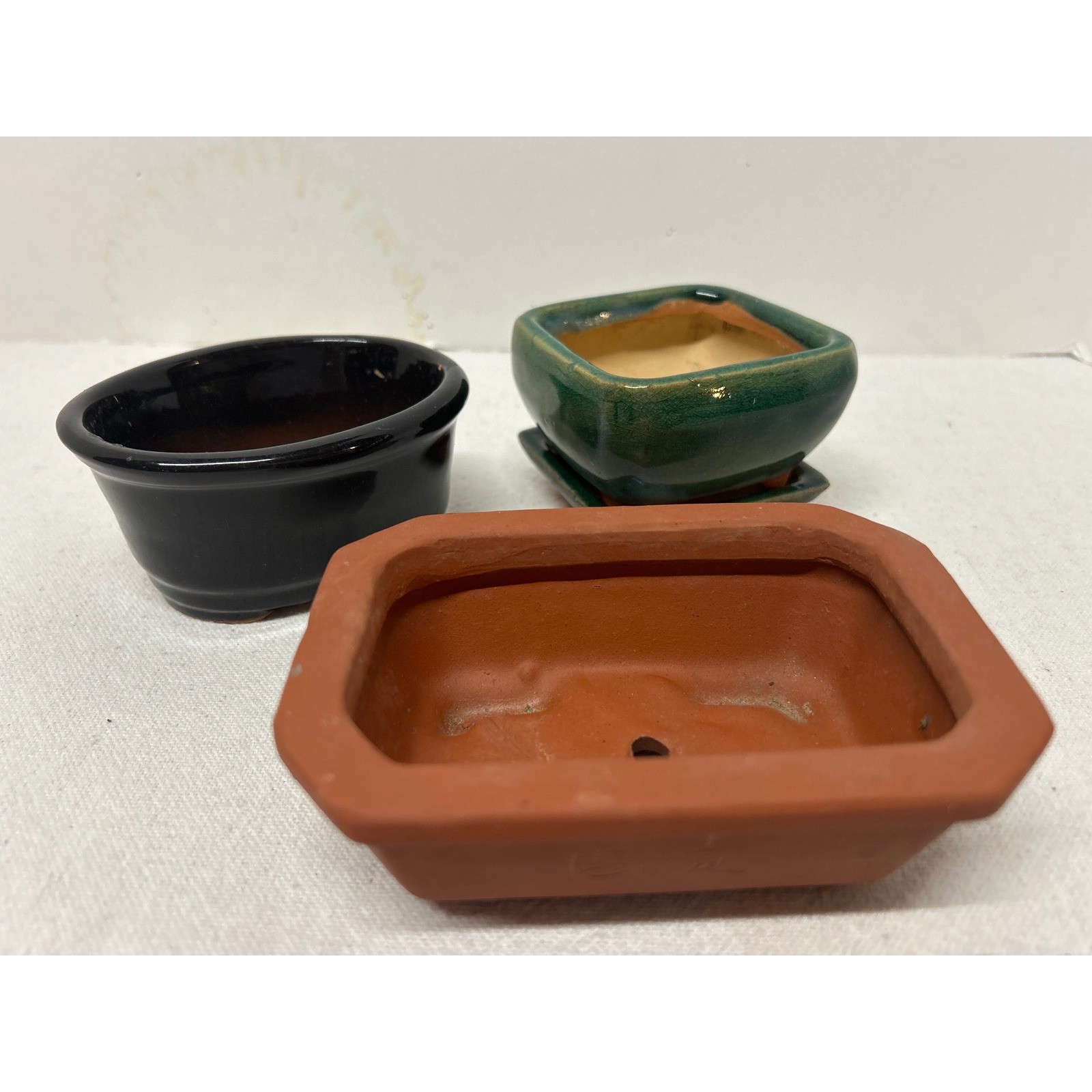 Small Bonsai Mame Pot Set 3pc Glazed Green Black Terracotta Rectangular Square gallery