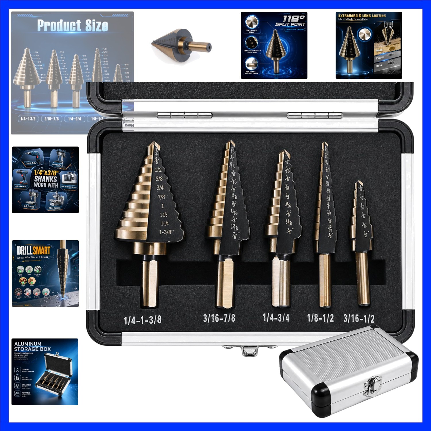 5pcs Hss Cobalt, Multiple Hole 50 Sizes High Speed Metal Step Drill Bit Set w... gallery