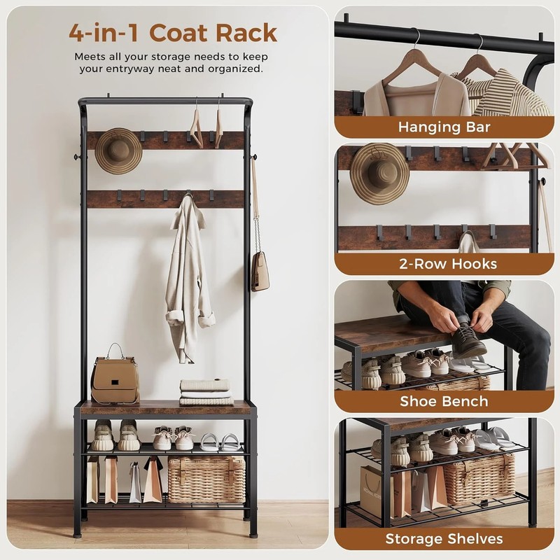 OLIXIS Hall Tree, Entryway Bench with Shoe Storage and Hooks, Shoe Bench and Coa gallery
