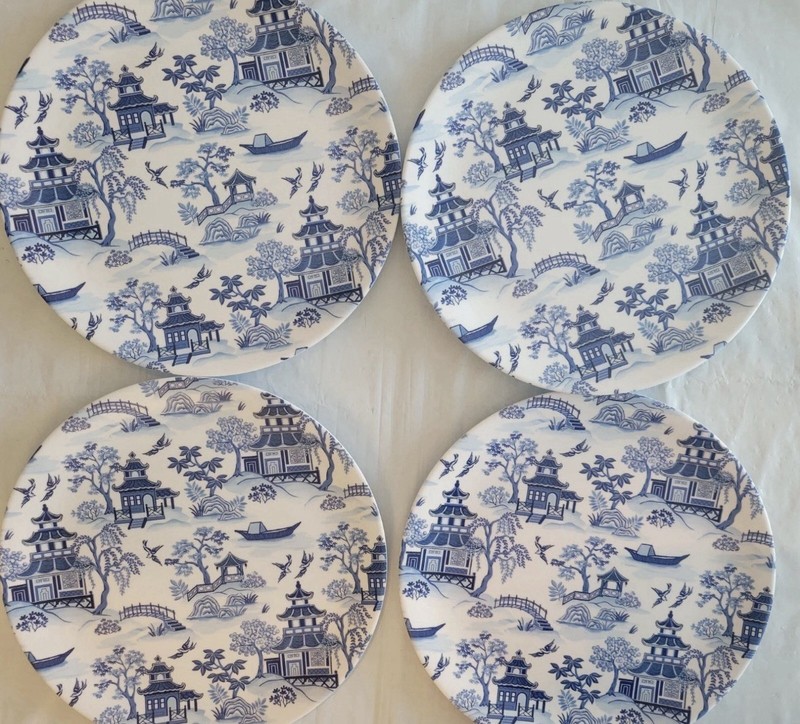 Shabby Chic Blue Willow 4ct Dinner & 4ct Appetizer Plates Asian Pagoda Melamine gallery