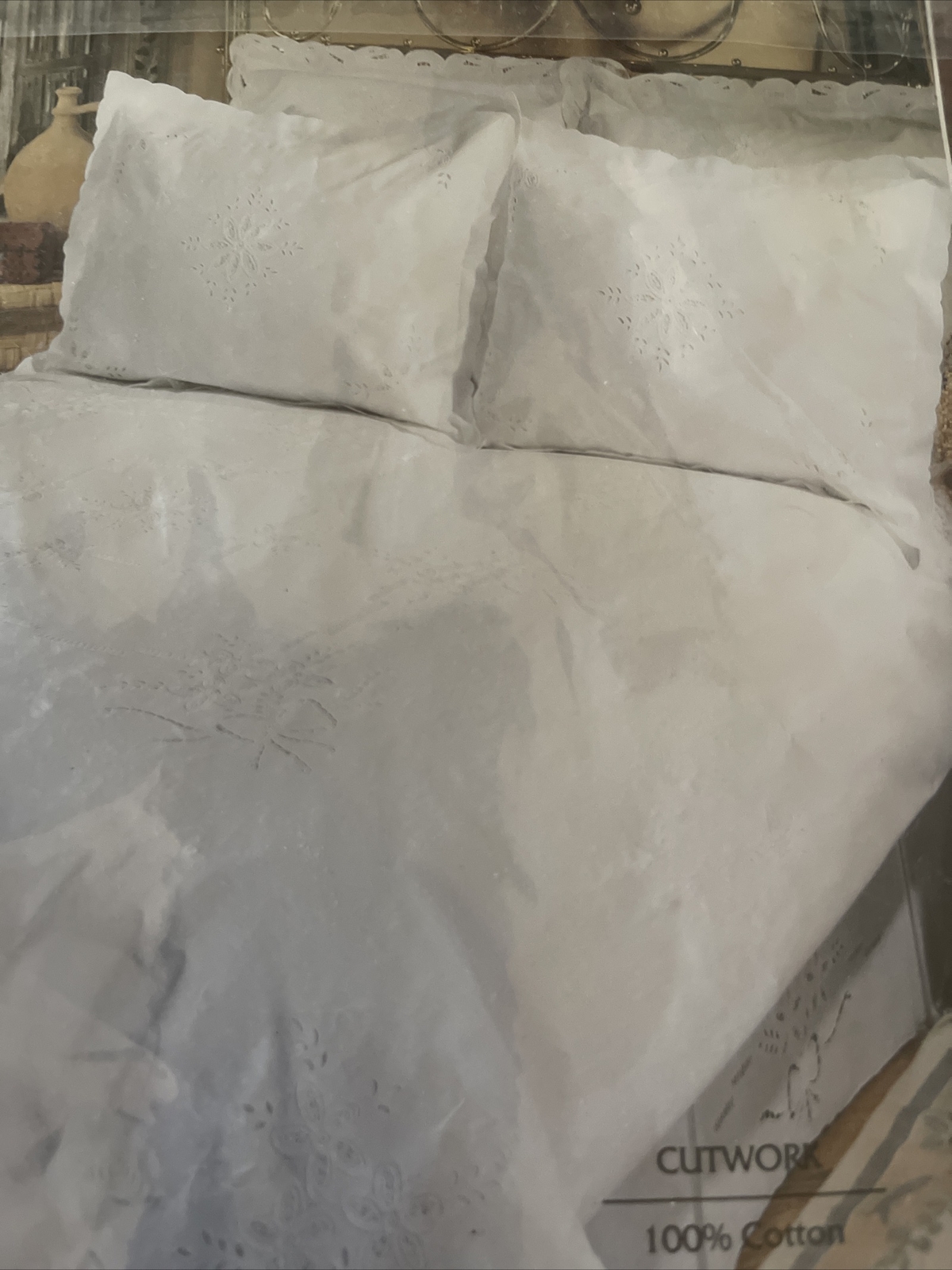 Vintage Tessile Pillow Sham Cutwork Embroidered Floral Cotton White Morocco New gallery