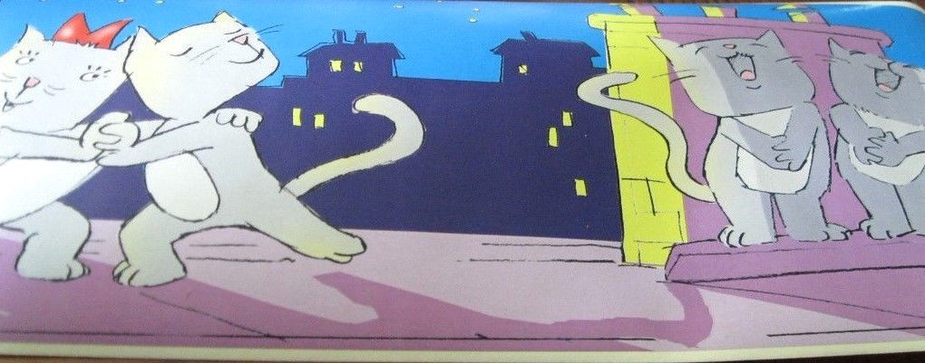 Cartoon Cat Cats Kittens on the Rooftops Wallpaper Border 28805 NIP Blue Purple gallery