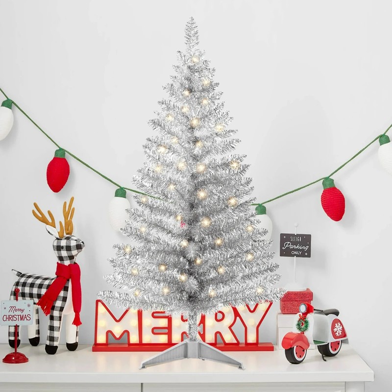 4ft Lighted Silver Artificial Christmas Tree Small Mini Xmas Tree with 50 Lights gallery