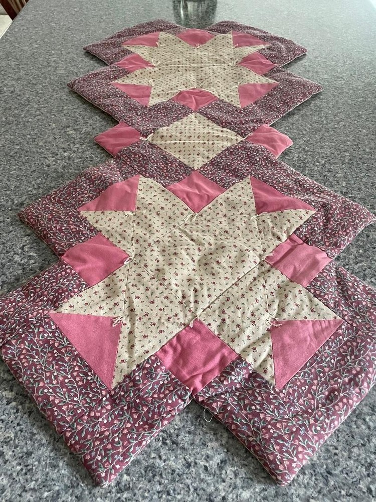 VTG Handmade Patchwork Quilted Table Runner 38"x18"~Hand Tied~Pink/Beige/Green